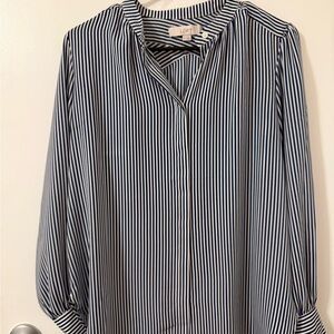 LOFT Navy and White Vertical Stripe Button Up Blouse | XS